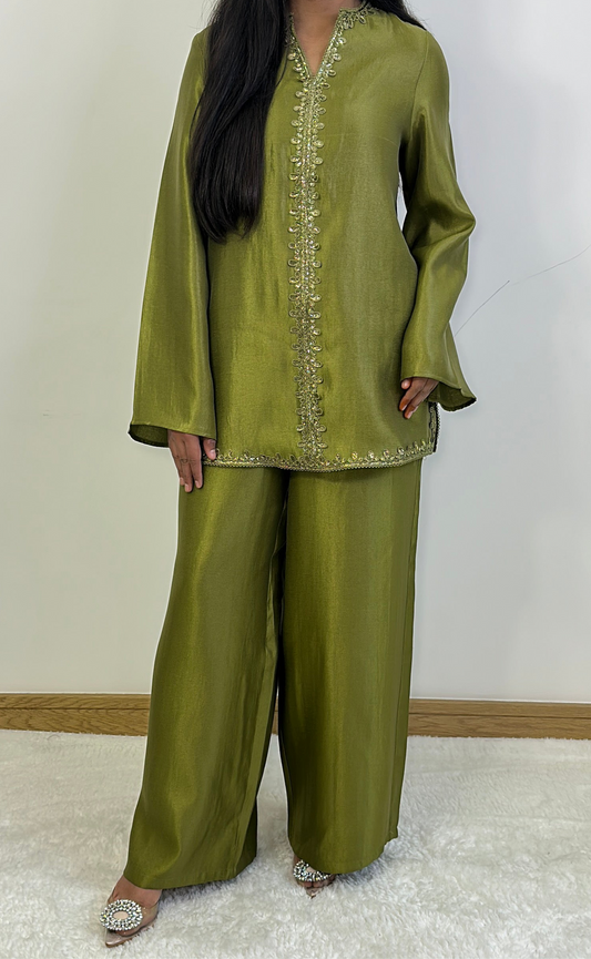 Shaba two piece co ord set in henna green.