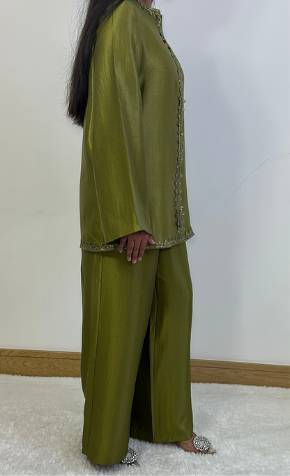 Shaba two piece co ord set in henna green.