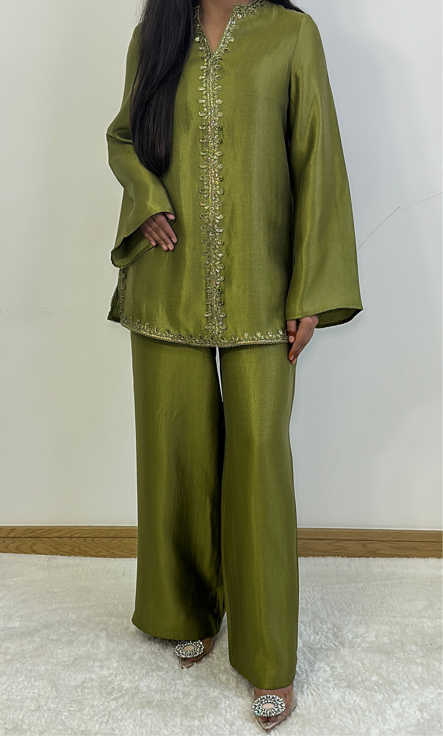 Shaba two piece co ord set in henna green.