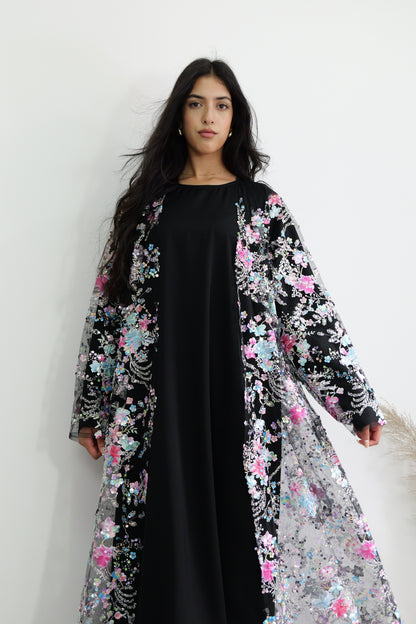 Summer petals abaya in Black