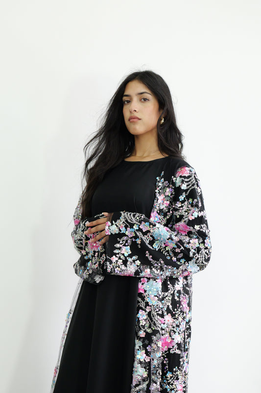 Summer petals abaya in Black