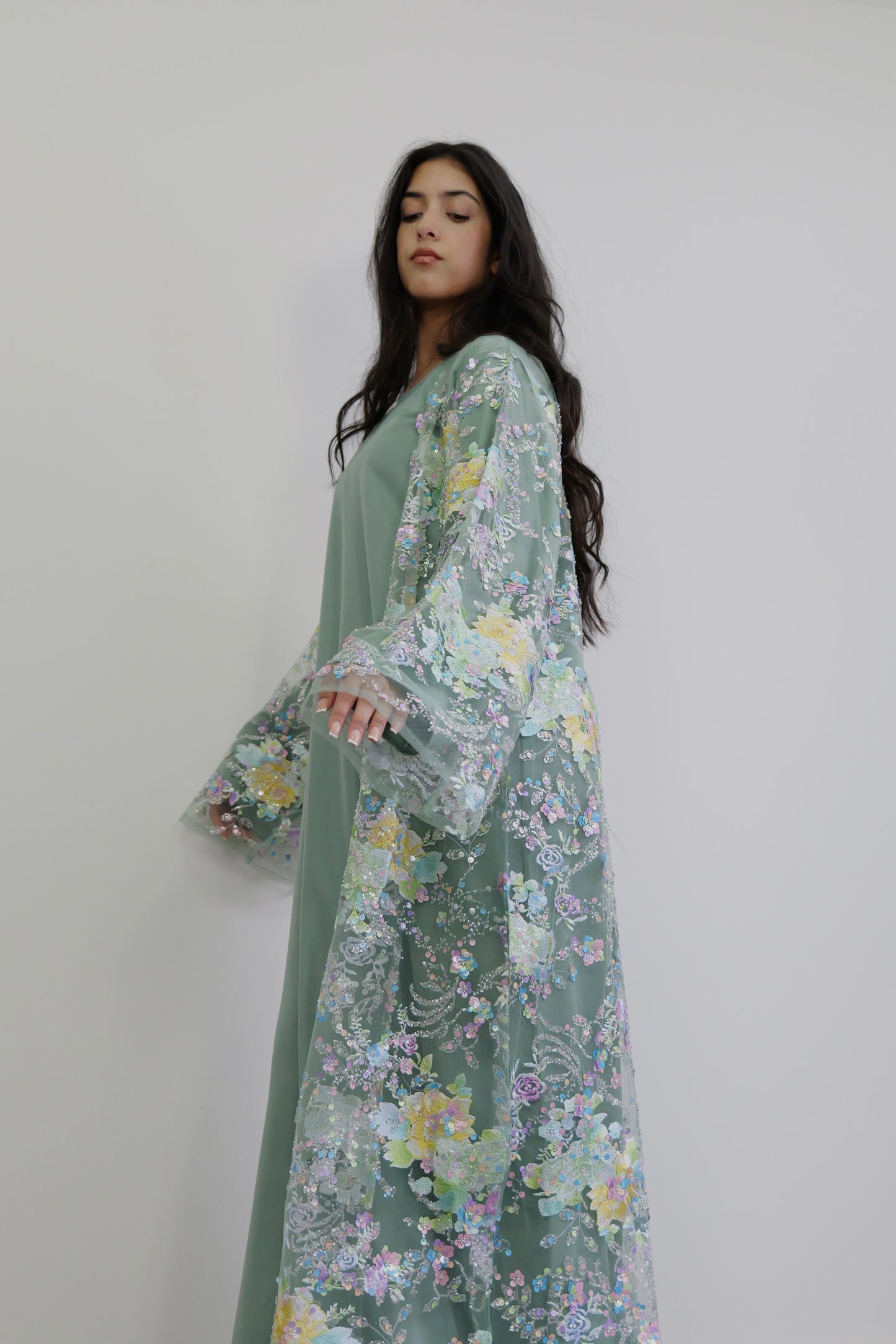 Summer petals abaya in Sage Green