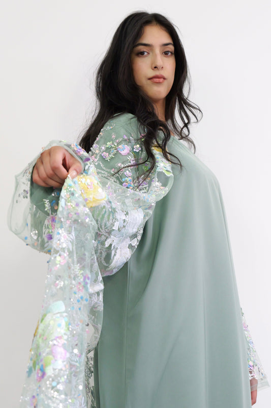 Summer petals abaya in Sage Green
