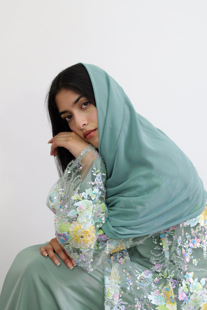 Summer petals abaya in Sage Green